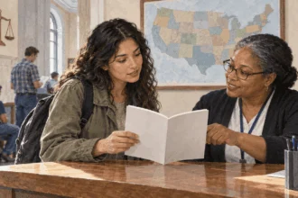 Conceptual painting of a courthouse clerk and visitor reviewing a rights booklet before a state map.