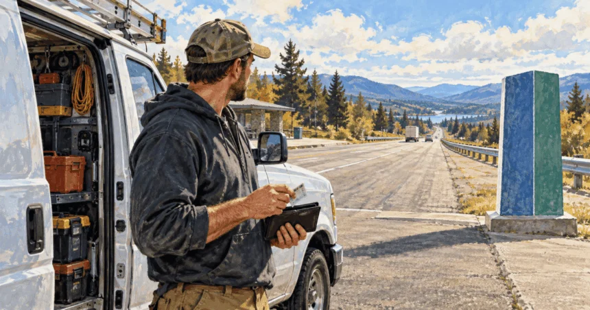 Conceptual painting of a working driver checking a license beside a tool van near a state border.