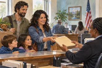 Conceptual painting of a family presenting records to a clerk after moving states.