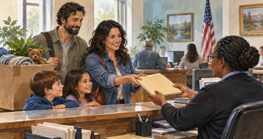 Conceptual painting of a family presenting records to a clerk after moving states.