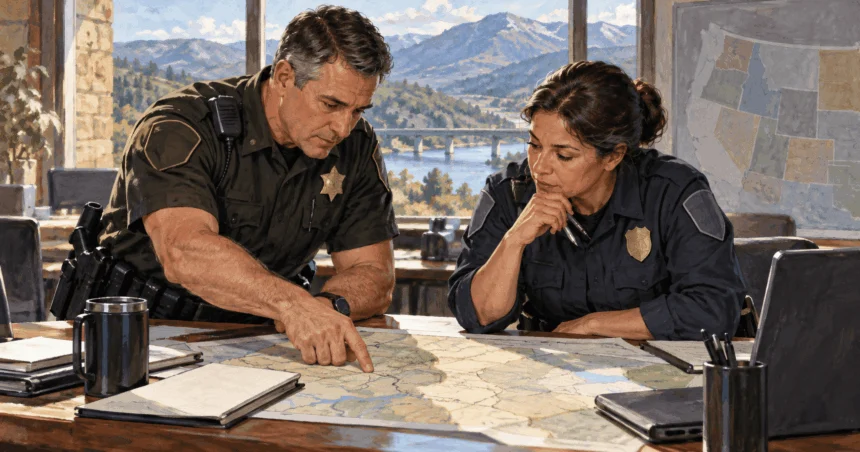 Conceptual painting of Two state law-enforcement administrators confer over a neutral map at a regional coordination desk.