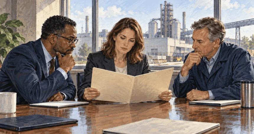 Painted scene of public finance analysts discussing a possible company investment.