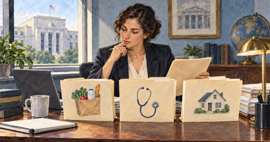 Fed economist reviewing varied household expenses for inflation analysis.