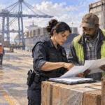 Painted illustration of an inspector and dock worker reviewing shipping papers at a port.