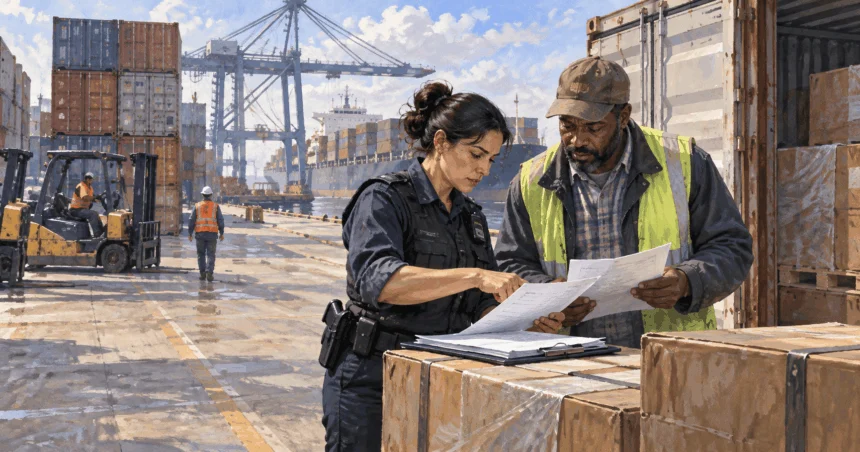 Painted illustration of an inspector and dock worker reviewing shipping papers at a port.