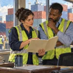 Conceptual painting of port workers reviewing a shipment folder beside containers.