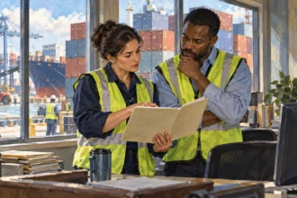 Conceptual painting of port workers reviewing a shipment folder beside containers.