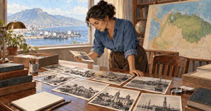 Painted illustration of a researcher studying historical images beside a map of Venezuela and a view of its port.