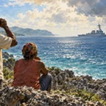 Distant naval vessel and separate civilian boat in Caribbean waters.