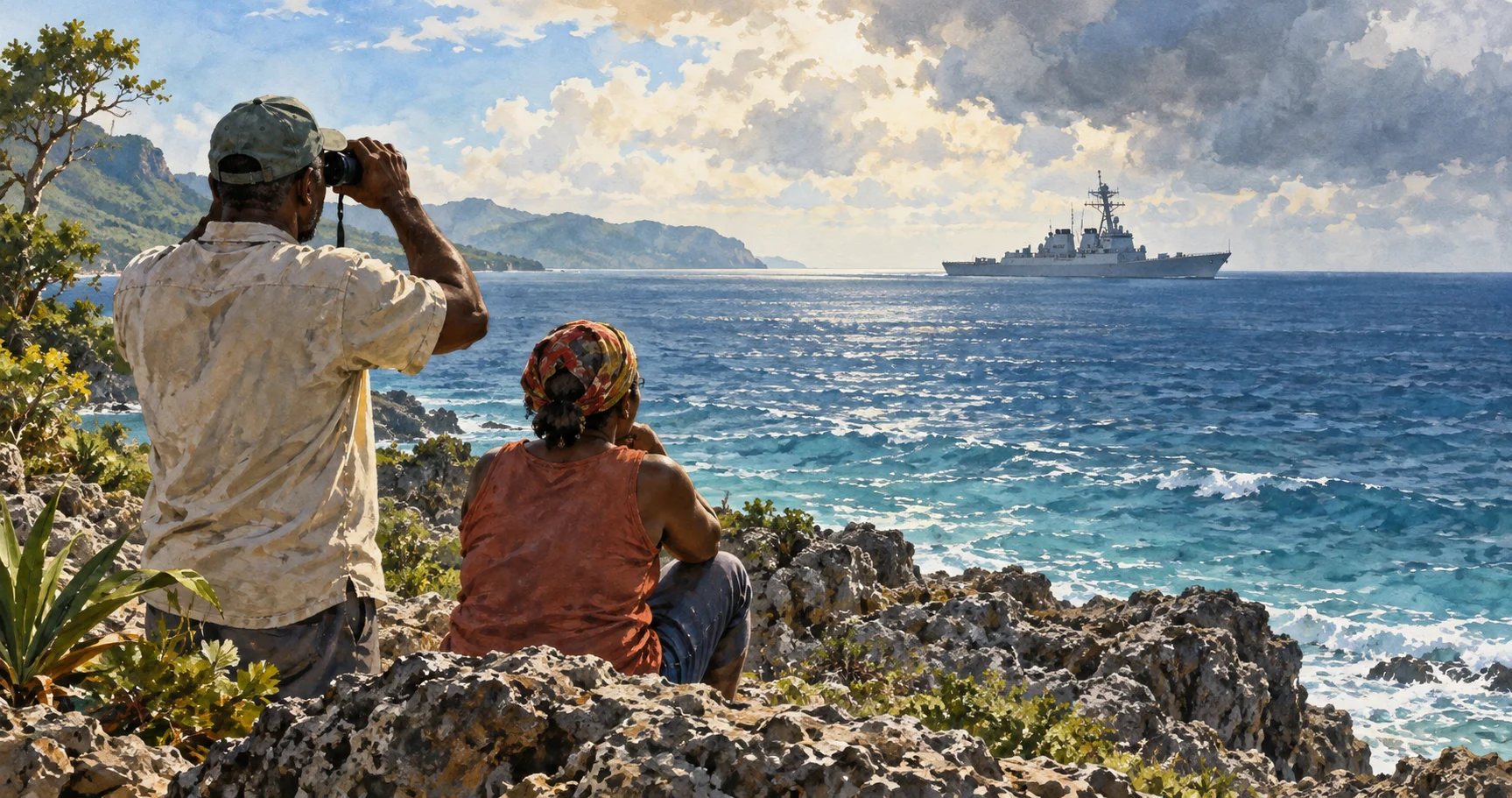 Distant naval vessel and separate civilian boat in Caribbean waters.