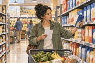 Painted illustration of a shopper comparing a grocery item with a household list.