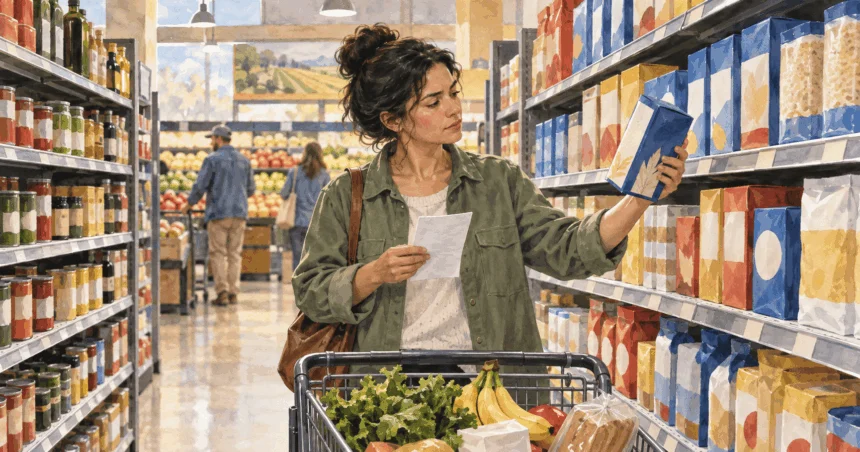Painted illustration of a shopper comparing a grocery item with a household list.