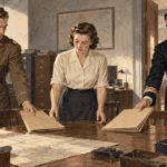 Conceptual historical painting of fictional Army and Navy officers placing separate folders at a shared late-1940s office table with a civilian clerk.