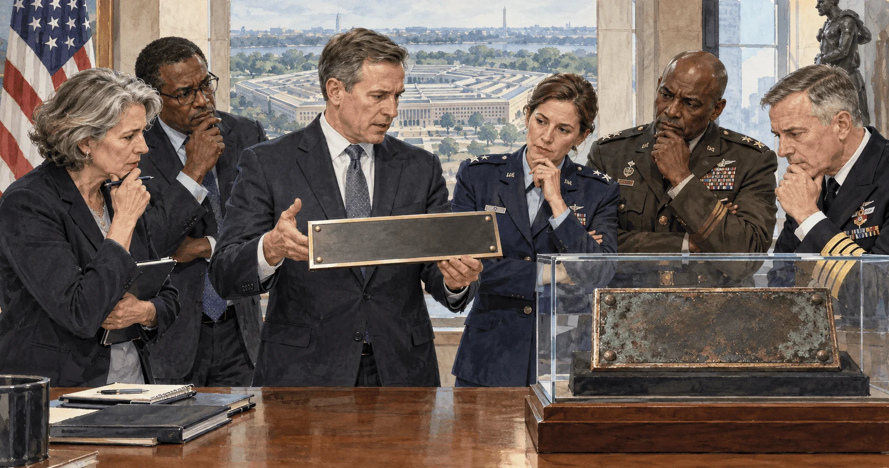 Officials discussing a proposed military department nameplate.