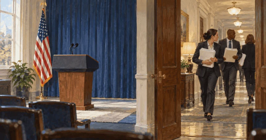 Painted illustration of staff working beyond an unused public lectern.