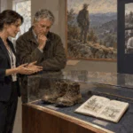 Visitors examine a museum display of presidential leisure objects.