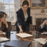 Conceptual painting of National Security Council staff analyst places a blank briefing folder before a small interagency discussion in a practical White House conference room.