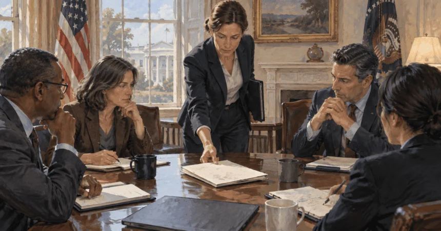 Conceptual painting of National Security Council staff analyst places a blank briefing folder before a small interagency discussion in a practical White House conference room.