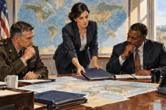 Conceptual painting of a diplomat, military officer and policy coordinator working over a map.