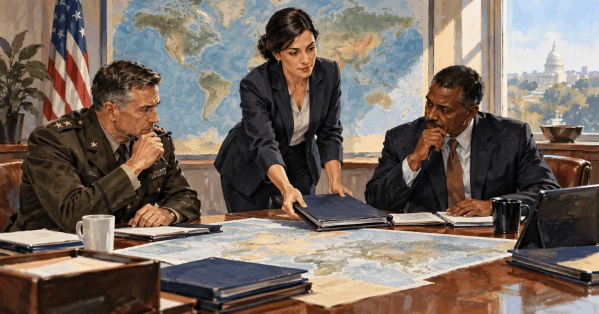 Conceptual painting of a diplomat, military officer and policy coordinator working over a map.