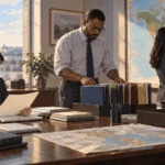 Conceptual painting of staff carrying out three different security council tasks.