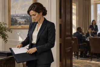 Conceptual painting of an adviser preparing a briefing outside a meeting room.