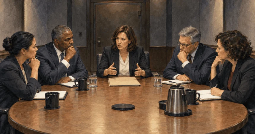 Fictional senior advisers discuss a blank security briefing around a conference table.