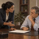 Conceptual painting of an adviser conferring with a leader over a blank memo.