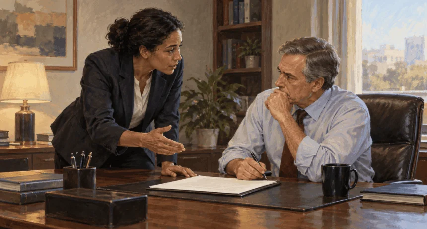 Conceptual painting of an adviser conferring with a leader over a blank memo.