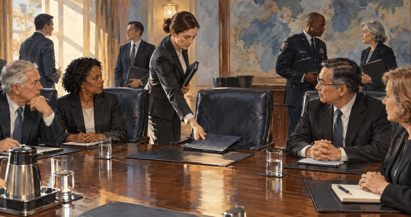 Conceptual watercolor of an aide preparing a seat at a national-security meeting table.