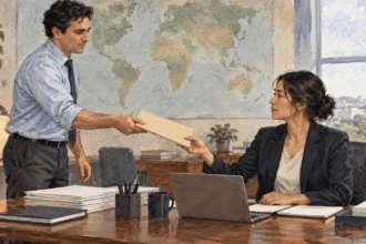 Conceptual watercolor painting of analyst hands draft brief to policy coordinator.
