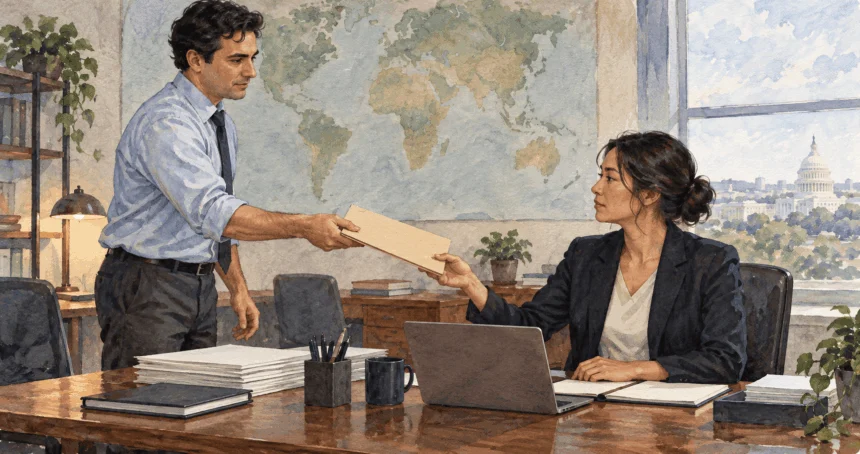 Conceptual watercolor painting of analyst hands draft brief to policy coordinator.