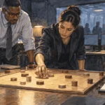 Conceptual watercolor of officials rehearsing a tabletop national-security exercise.
