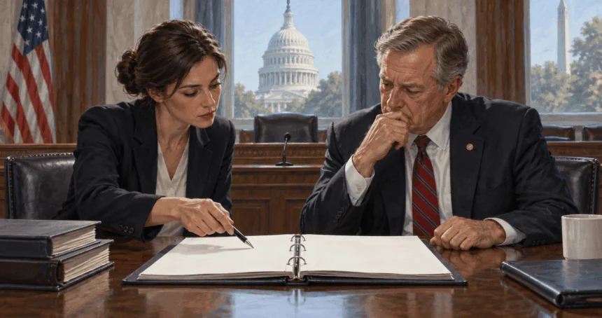 Conceptual painting of congressional staff reviewing an oversight file.