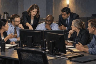 Cybersecurity advisers and grid engineer coordinate around blank monitors.