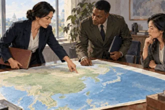 Conceptual painting of fictional government staff coordinating over an unlabeled East Asia map.