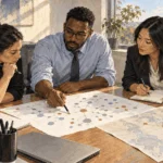 Painted illustration of analysts coordinating around a network diagram.