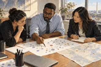 Painted illustration of analysts coordinating around a network diagram.