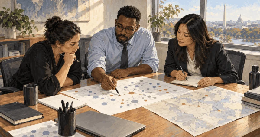Painted illustration of analysts coordinating around a network diagram.