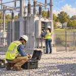 Painted utility technicians checking equipment at an electrical substation.