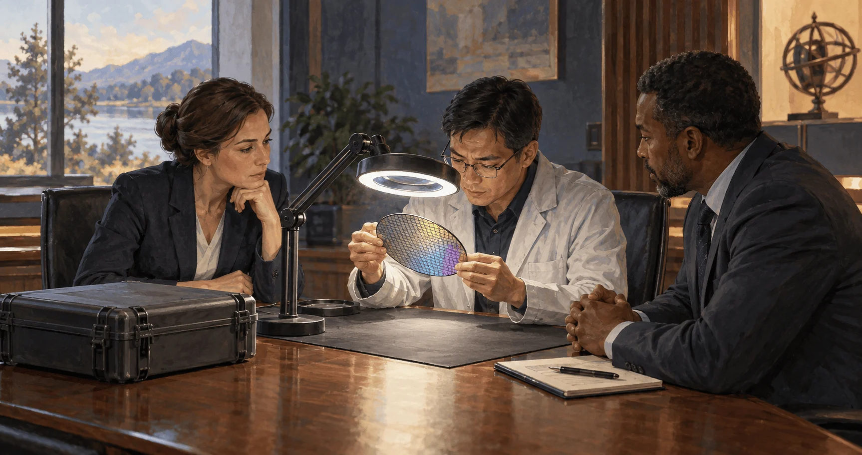 Policy advisers examine a semiconductor wafer.