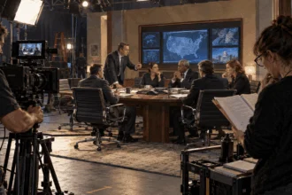 A production crew films a fictional national-security scene.