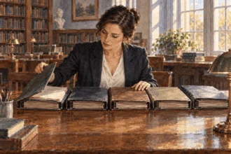 Painted illustration of a historian comparing national-security briefing binders from different eras.