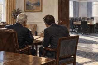 Historian studies old advice folders in a government archive near an empty meeting table.