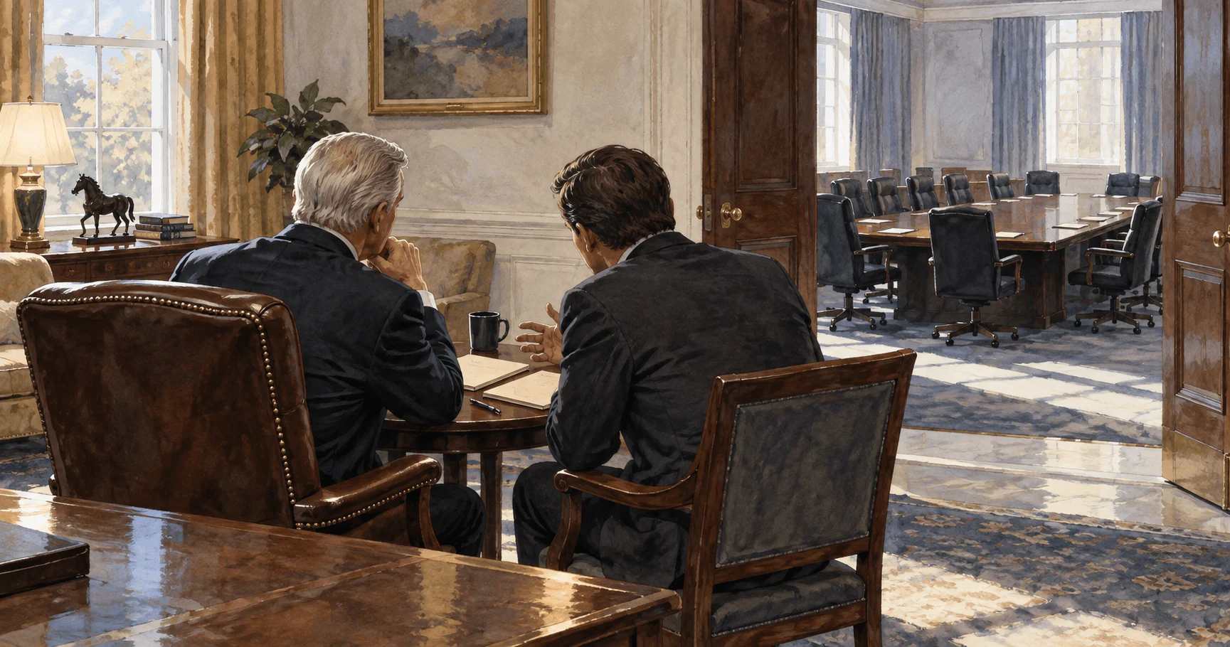Historian studies old advice folders in a government archive near an empty meeting table.