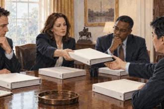 Conceptual painting of national-security advisers comparing strategy binders.