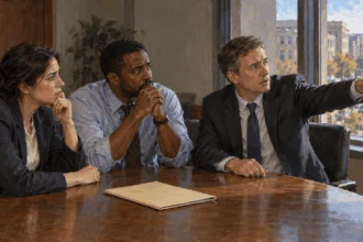 Conceptual painting of analysts comparing possible future scenarios.