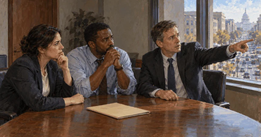 Conceptual painting of analysts comparing possible future scenarios.