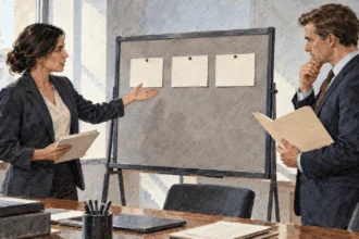 Conceptual watercolor painting of an analyst presenting blank source cards to a policy aide.