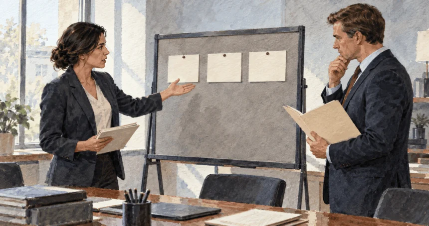 Conceptual watercolor painting of an analyst presenting blank source cards to a policy aide.